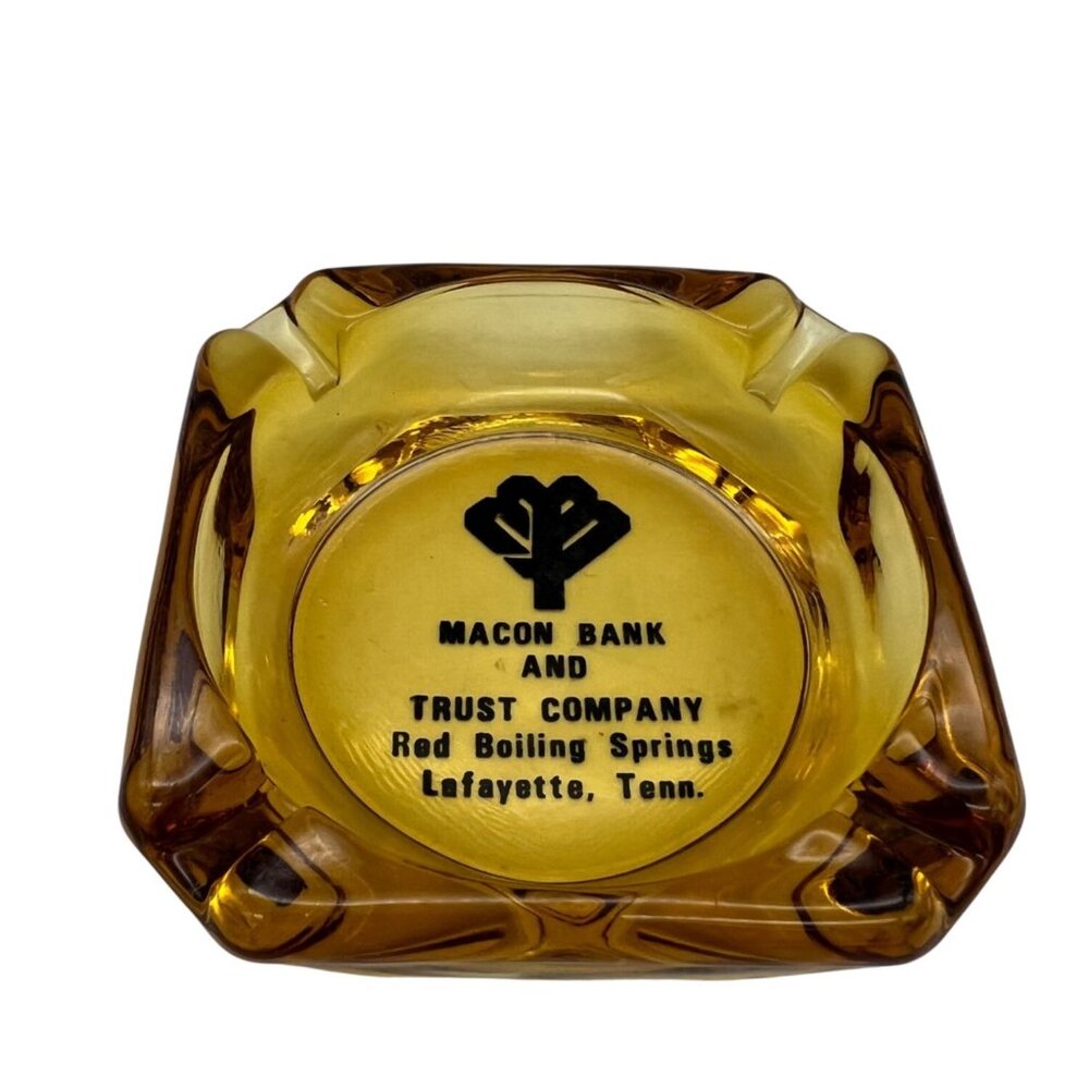 Vintage Macon Bank Trust Co Amber Glass Ashtray Red Boiling Springs Tennessee